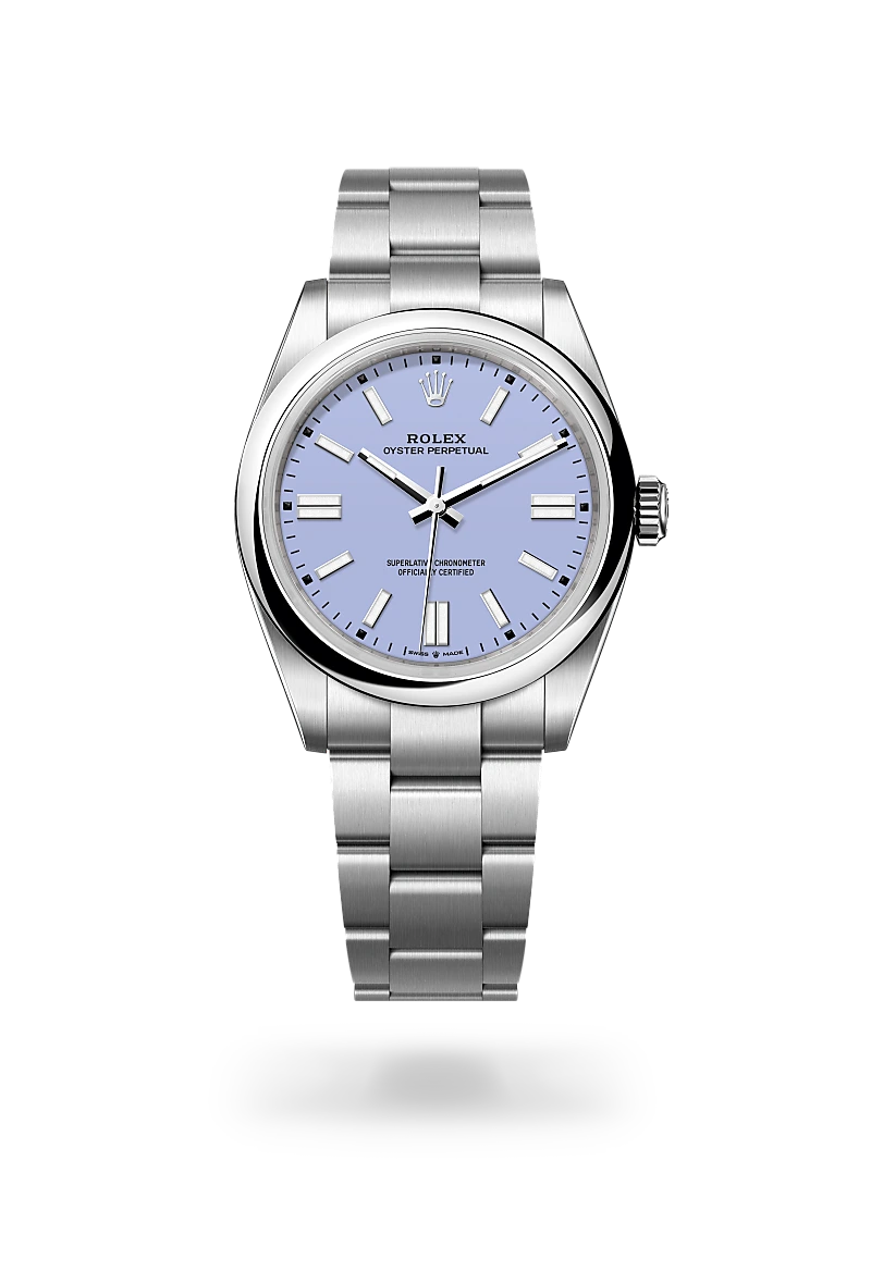 Rolex Oyster Perpetual 41 in Oystersteel with domed bezel, lavender lacquer dial with applied index hour markers, and three-piece Oyster bracelet with Oysterclasp. - Chang Ein Hong