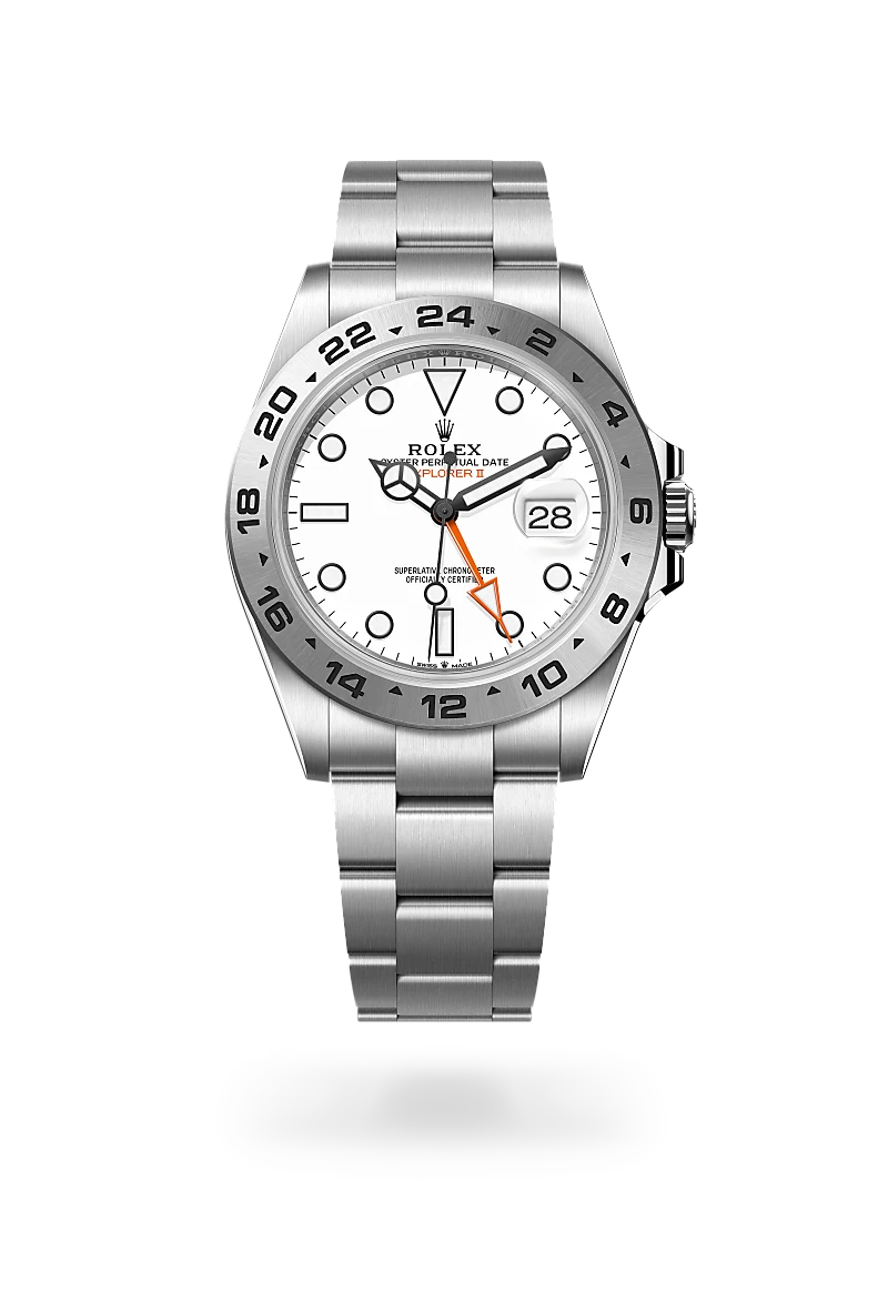 Rolex Explorer II in Oystersteel with white dial, orange GMT hand, 24-hour graduated fixed bezel and Oyster bracelet - Chang Ein Hong