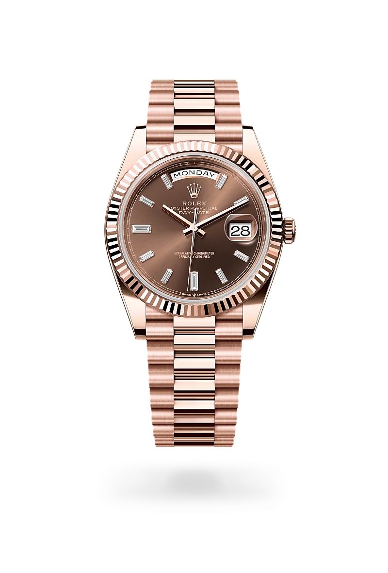 Rolex Day-Date 40 in 18ct Everose gold with fluted bezel, chocolate sunray dial set with 10 baguette-cut diamonds, day and date displays, and President bracelet. - Chang Ein Hong