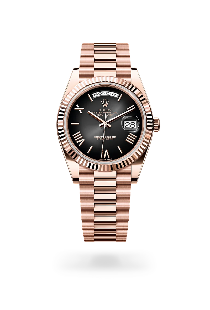 Rolex Day-Date 40 in 18 ct Everose gold with slate ombré dial, index hour markers, fluted Everose gold bezel and President bracelet - Chang Ein Hong