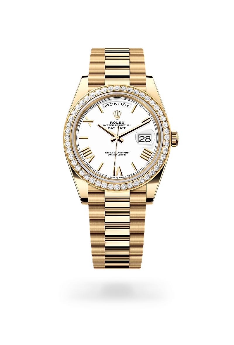 Rolex Day-Date 40 in 18ct yellow gold with diamond-set bezel, white lacquer Roman numeral dial, day and date displays, and President bracelet. - Chang Ein Hong