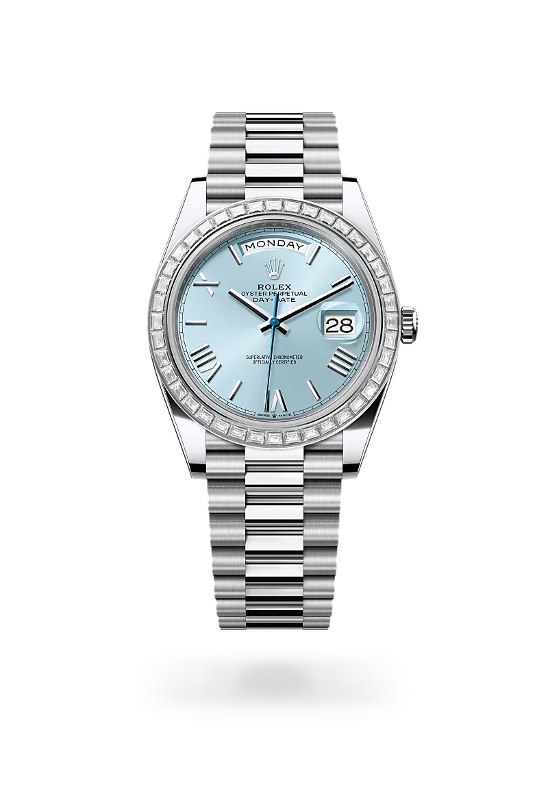 Rolex Day-Date 40 in platinum with trapeze-cut diamond bezel, ice-blue sunray Roman numeral dial, day and date displays, and President bracelet. - Chang Ein Hong