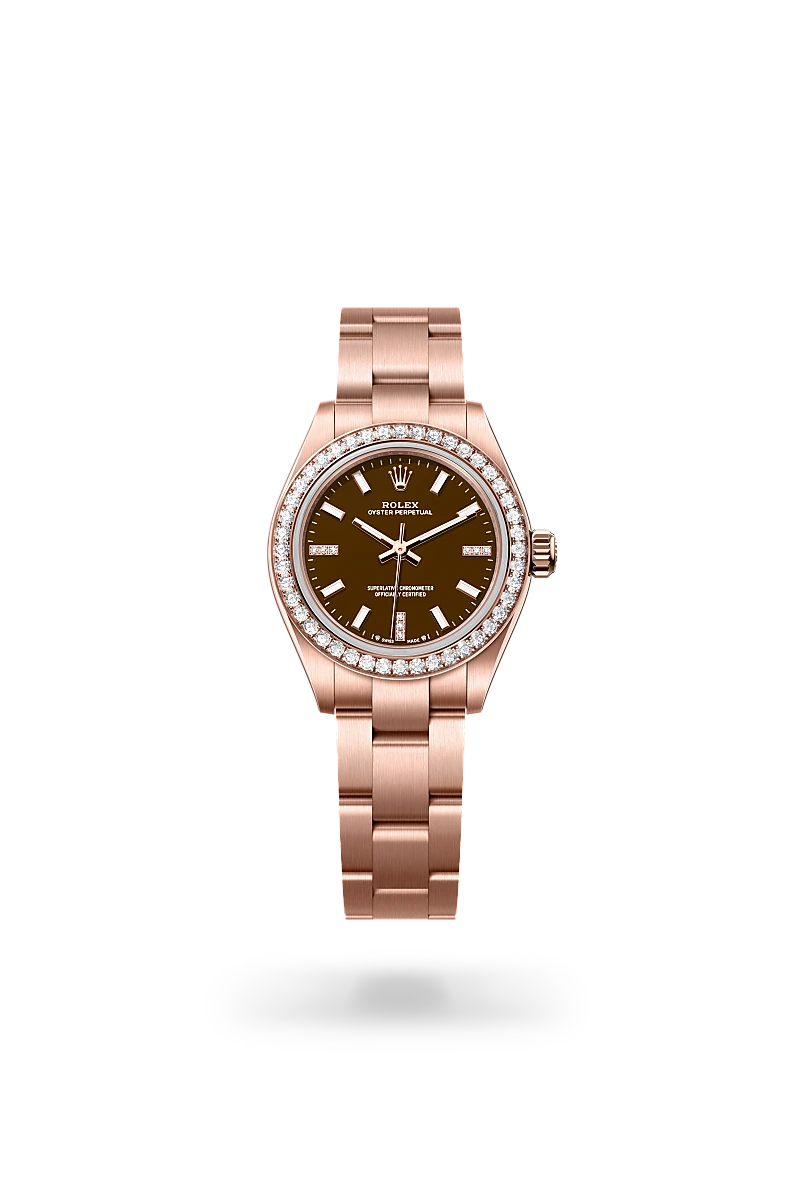Rolex Oyster Perpetual 28 in 18ct Everose gold with diamond-set bezel, brown stone dial set with diamonds at 3, 6 and 9, and three-piece Oyster bracelet with Oysterclasp. - Chang Ein Hong