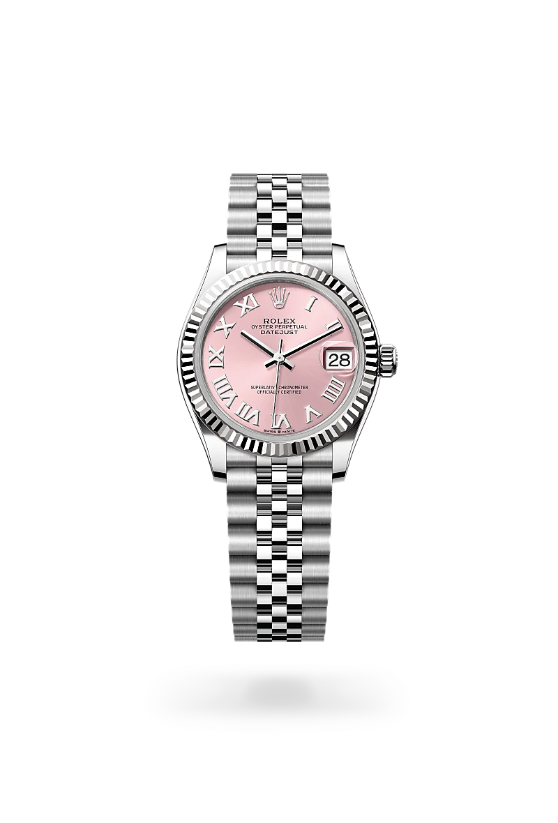 Rolex Datejust 31 in White Rolesor with fluted white gold bezel, pink sunray Roman numeral dial, date aperture at 3 o'clock, and five-piece Jubilee bracelet with Crownclasp. - Chang Ein Hong