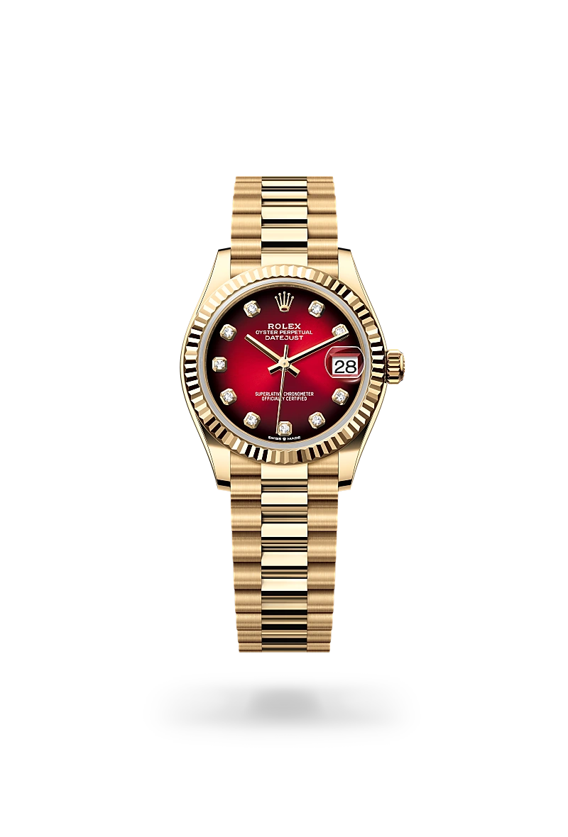 Rolex Datejust 31 in 18ct yellow gold with fluted bezel, red ombre dial set with diamonds in 18ct gold settings, date aperture at 3 o'clock, and President bracelet. - Chang Ein Hong