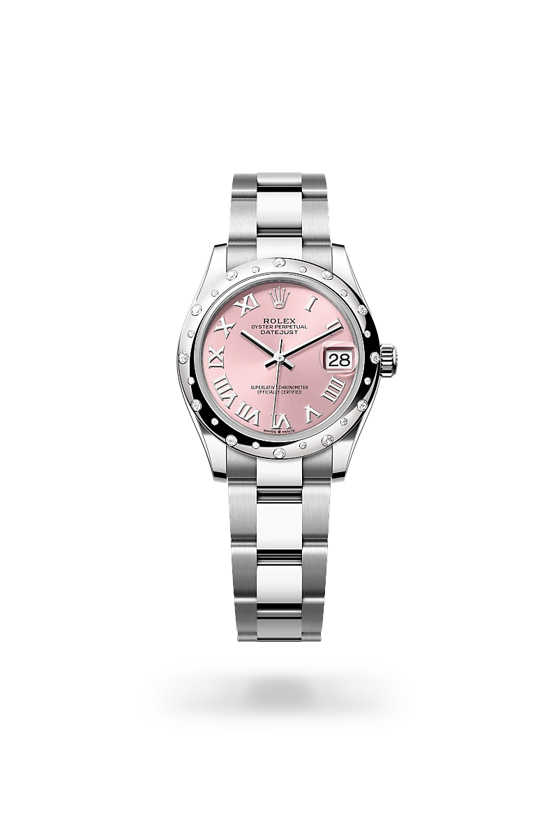 Rolex Datejust 31 in White Rolesor with domed diamond-set bezel, pink sunray Roman numeral dial, date aperture at 3 o'clock, and three-piece Oyster bracelet with Oysterclasp. - Chang Ein Hong