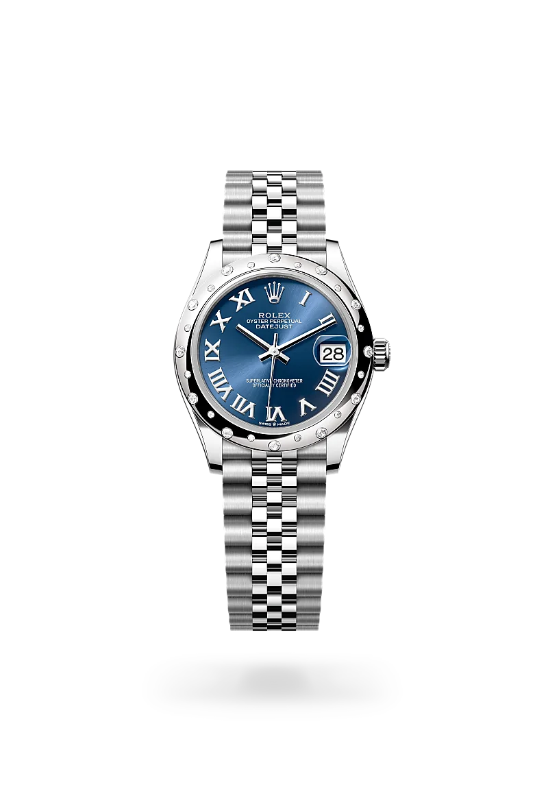 Rolex Datejust 31 in White Rolesor with domed diamond-set bezel, bright blue sunray Roman numeral dial, date aperture at 3 o'clock, and five-piece Jubilee bracelet with Crownclasp. - Chang Ein Hong