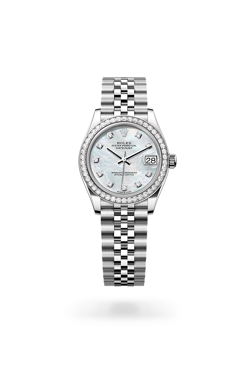Rolex Datejust 31 in white Rolesor with white mother-of-pearl dial, diamond hour markers, diamond-set bezel and Jubilee bracelet - Chang Ein Hong
