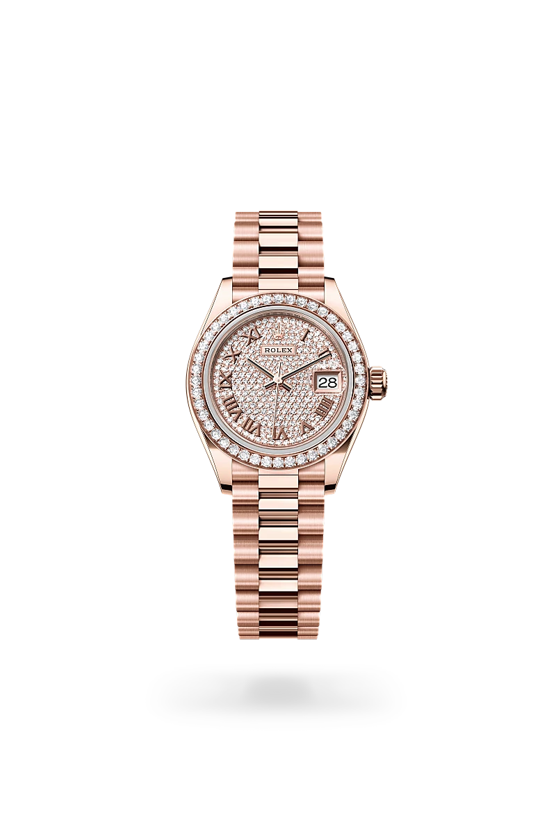 Rolex Lady-Datejust 28 in 18ct Everose gold with diamond-set bezel, diamond-paved dial set with 291 diamonds, date aperture at 3 o'clock, and President bracelet. - Chang Ein Hong