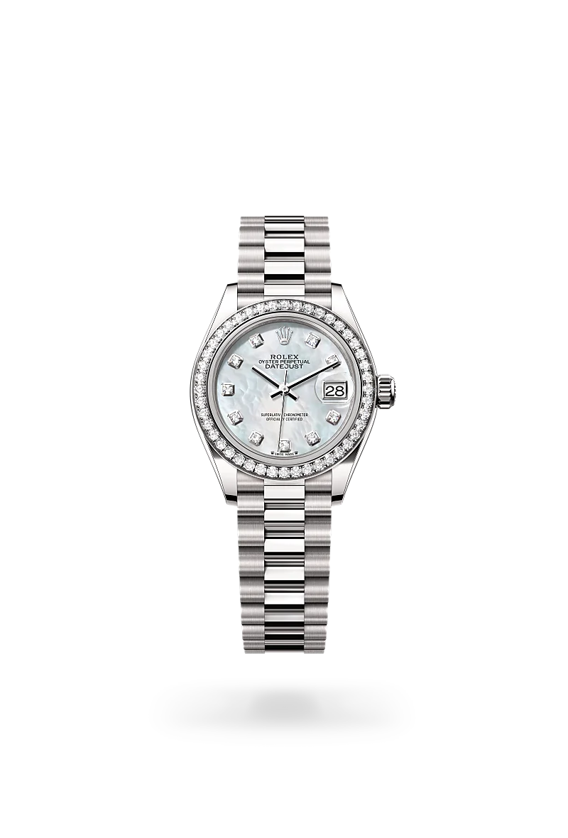 Rolex Lady-Datejust 28 in 18ct white gold with diamond-set bezel, white mother-of-pearl dial set with diamonds in 18ct gold settings, date aperture at 3 o'clock, and President bracelet. - Chang Ein Hong