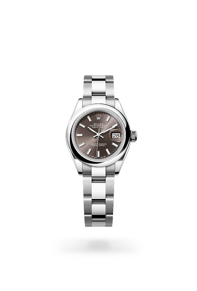 Rolex Lady-Datejust 28 in Oystersteel with domed bezel, dark grey sunray index dial, date aperture at 3 o'clock, and three-piece Oyster bracelet with Oysterclasp. - Chang Ein Hong