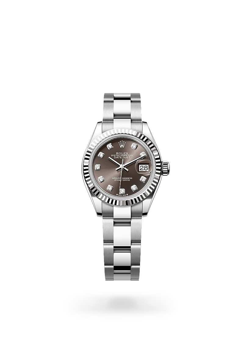 Rolex Lady-Datejust 28 in White Rolesor with fluted white gold bezel, dark grey sunray dial set with diamonds in 18ct gold settings, date aperture at 3 o'clock, and Oyster bracelet with Oysterclasp. - Chang Ein Hong