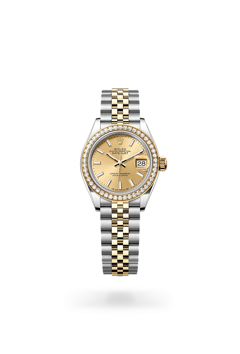 Rolex Lady-Datejust 28 in Yellow Rolesor with diamond-set bezel, champagne-colour sunray index dial, date aperture at 3 o'clock, and five-piece Jubilee bracelet with Crownclasp. - Chang Ein Hong