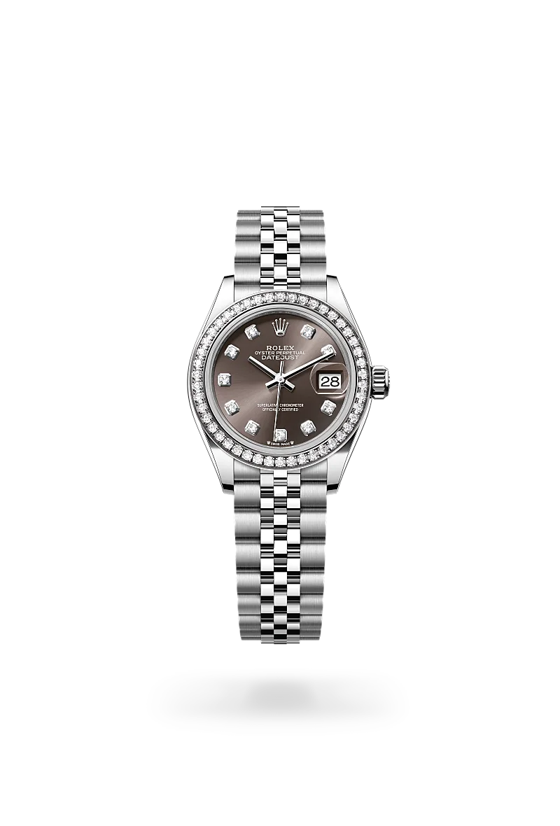 Rolex Lady-Datejust 28 in White Rolesor with diamond-set bezel, dark grey dial set with diamonds in 18ct gold settings, date aperture at 3 o'clock, and five-piece Jubilee bracelet with Crownclasp. - Chang Ein Hong