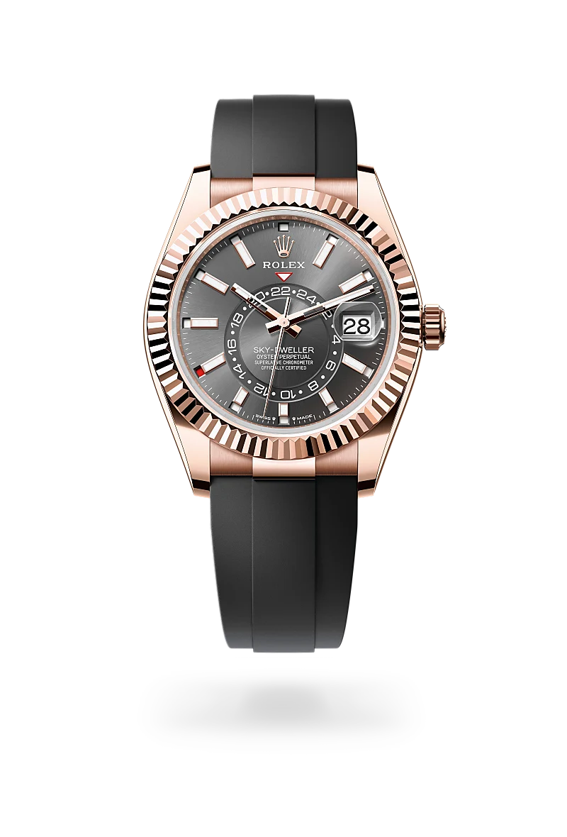 Rolex Sky-Dweller 42 in 18ct Everose gold with fluted Ring Command bezel, slate sunray index dial, day and date displays, and black Oysterflex bracelet. - Chang Ein Hong