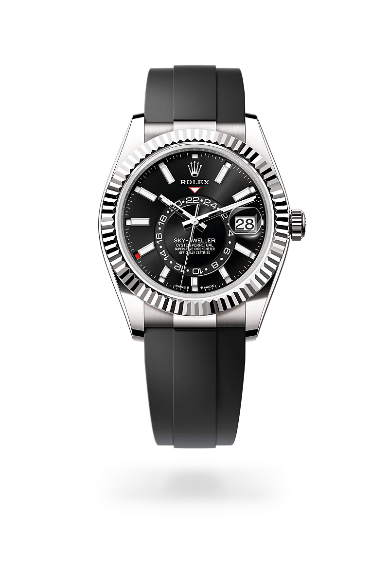 Rolex Sky-Dweller in 18 ct white gold with black dial, index hour markers, fluted white gold bezel and Oysterflex bracelet - Chang Ein Hong