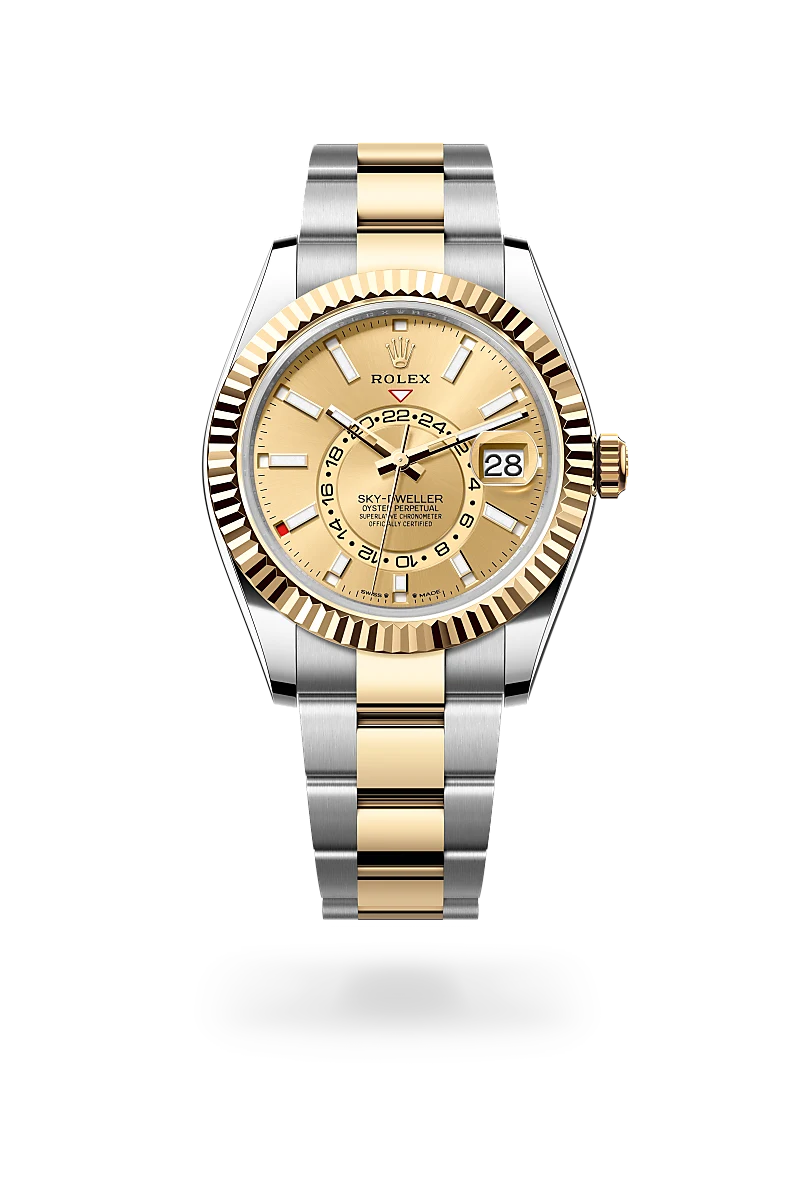 Rolex Sky-Dweller in yellow Rolesor with champagne dial, index hour markers, fluted yellow gold bezel and Oyster bracelet - Chang Ein Hong