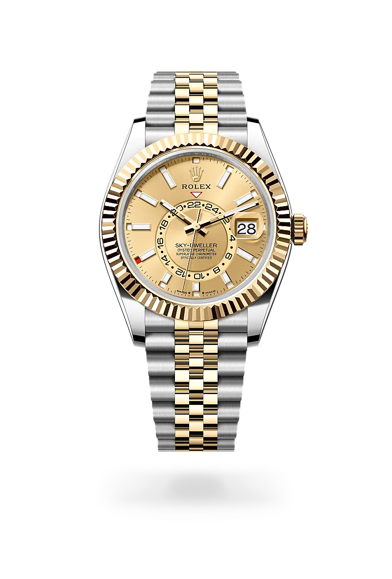 Rolex Sky-Dweller 42 in Yellow Rolesor with fluted Ring Command bezel, champagne-colour sunray index dial, day and date displays, and five-piece Jubilee bracelet. - Chang Ein Hong
