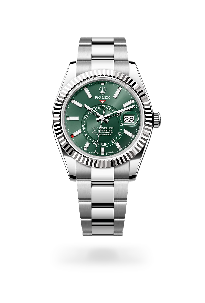 Rolex Sky-Dweller in white Rolesor with mint green dial, index hour markers, fluted white gold bezel and Oyster bracelet - Chang Ein Hong
