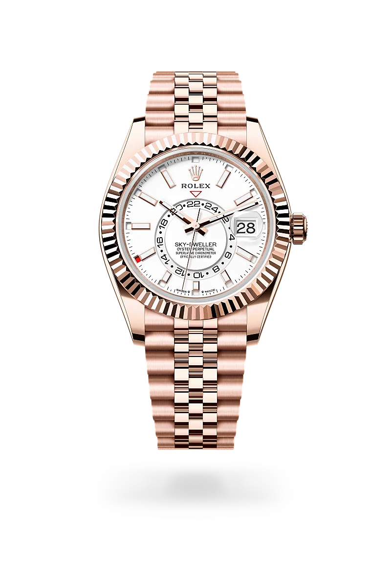 Rolex Sky-Dweller 42 in 18ct Everose gold with fluted Ring Command bezel, intense white index dial, day and date displays, and five-piece Jubilee bracelet. - Chang Ein Hong