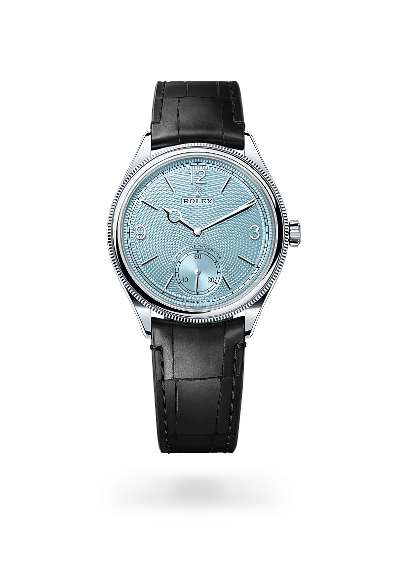 Rolex Perpetual 1908 in 18 ct white gold with ice blue guilloché dial, fluted bezel and Superlative Chronometer small seconds at 6 o'clock - Chang Ein Hong