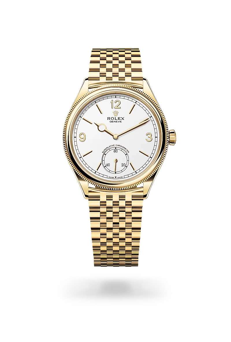 Rolex Perpetual 1908 in 18 ct yellow gold with white lacquer dial, fluted bezel, Rolex Geneve inscription and Jubilee bracelet - Chang Ein Hong