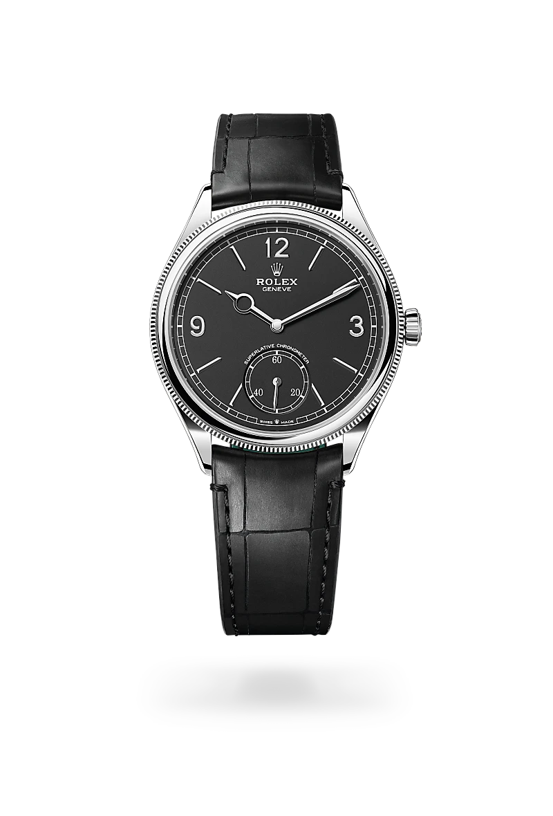 Rolex Perpetual 1908 in 18 ct white gold with intense black dial, fluted bezel and Superlative Chronometer small seconds subdial - Chang Ein Hong