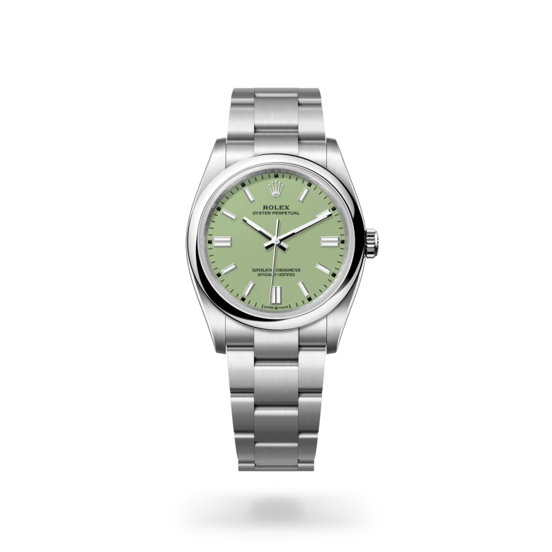 Rolex Oyster Perpetual 36 in Oystersteel with domed bezel, pistachio green lacquer dial, applied index hour markers, and three-piece Oyster bracelet with Oysterclasp. - Chang Ein Hong