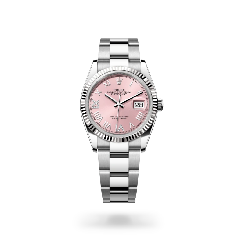 Rolex Datejust 36 in White Rolesor with fluted white gold bezel, pink sunray dial set with diamonds at VI and IX, and three-piece Oyster bracelet with Oysterclasp. - Chang Ein Hong