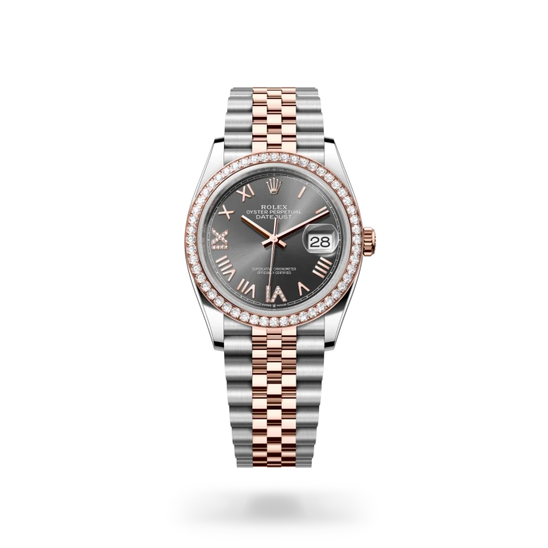 Rolex Datejust 36 in Everose Rolesor with diamond-set bezel, slate sunray dial with diamond-set Roman numerals at VI and IX, date display, and Jubilee bracelet. - Chang Ein Hong