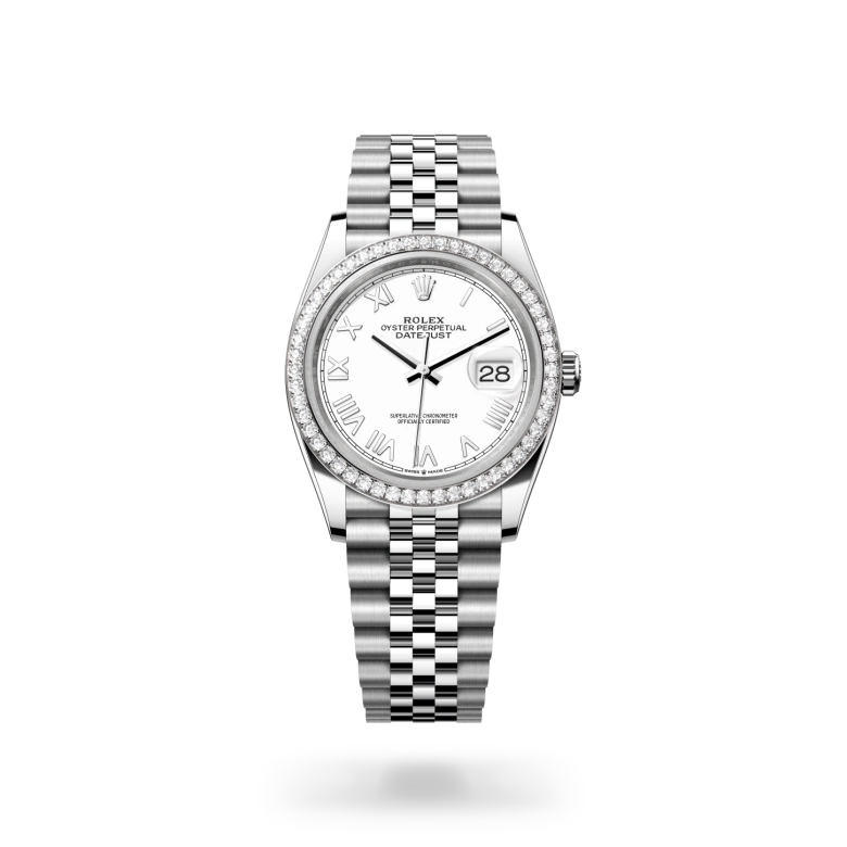 Rolex Datejust 36 in White Rolesor with diamond-set white gold bezel, white lacquer Roman numeral dial, date aperture at 3 o'clock, and five-piece Jubilee bracelet. - Chang Ein Hong