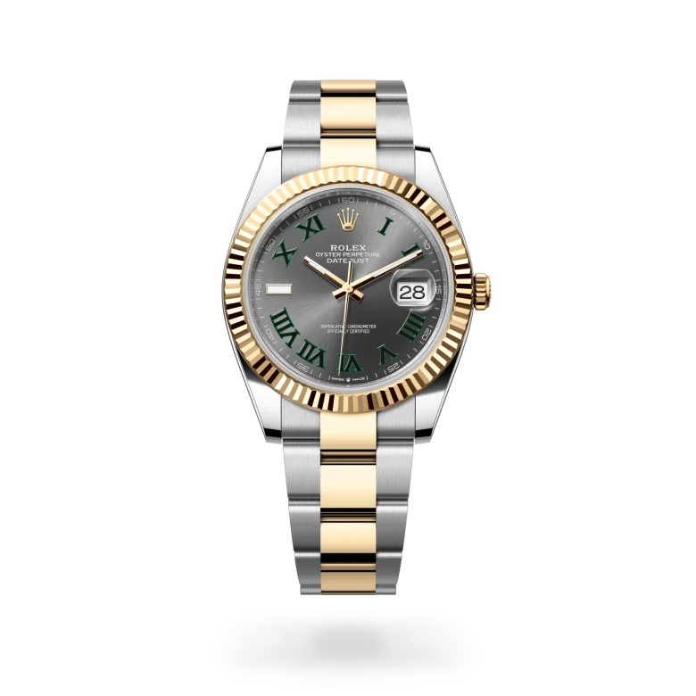 Rolex Datejust 41 in yellow Rolesor with slate dial, green Roman numeral hour markers, fluted yellow gold bezel and Oyster bracelet - Chang Ein Hong