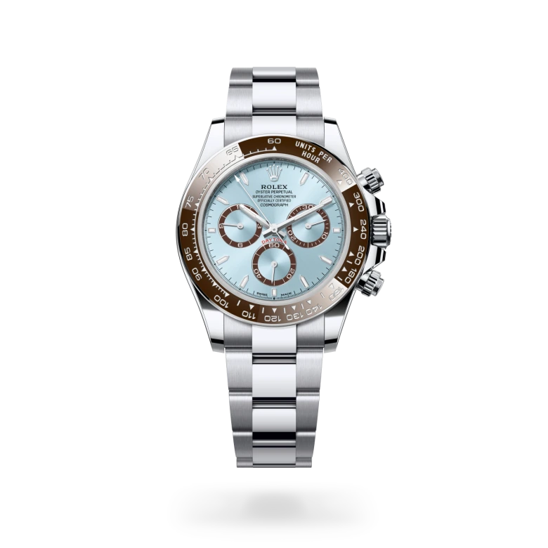 Rolex Cosmograph Daytona in platinum with ice blue dial, brown Cerachrom tachymeter bezel, brown subdials and Oyster bracelet - Chang Ein Hong