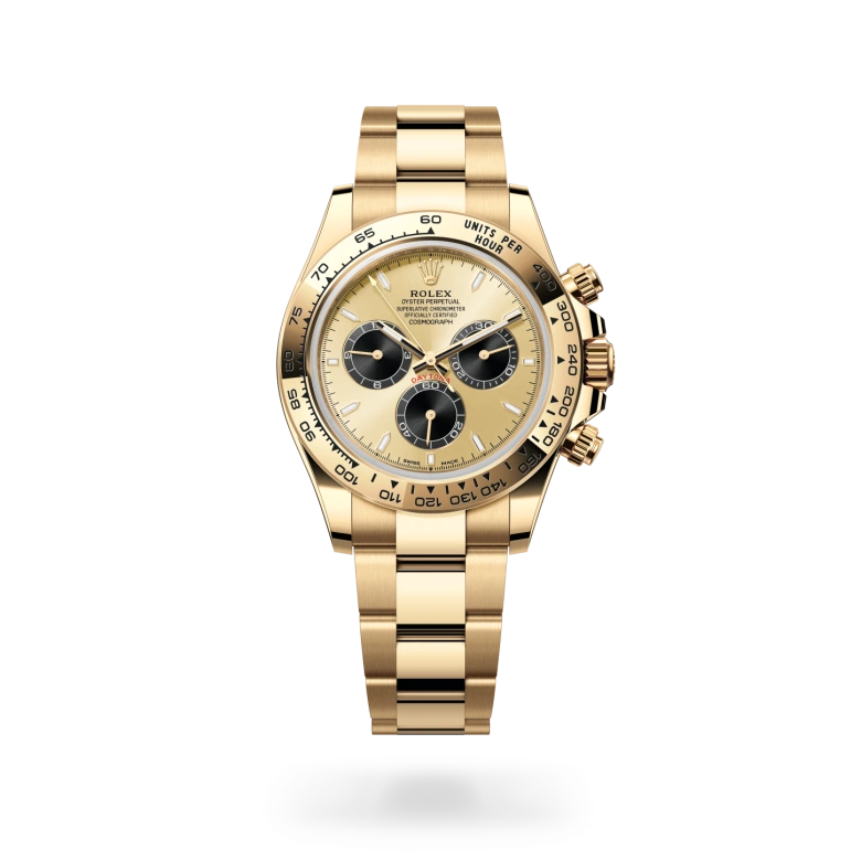 Rolex Cosmograph Daytona in 18ct yellow gold with engraved tachymetric bezel, golden and black chronograph dial with three counters, and three-piece Oyster bracelet. - Chang Ein Hong
