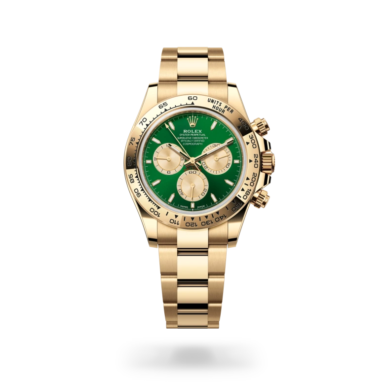 Rolex Cosmograph Daytona in 18 ct yellow gold with green dial, yellow gold subdials, yellow gold tachymeter bezel and Oyster bracelet - Chang Ein Hong
