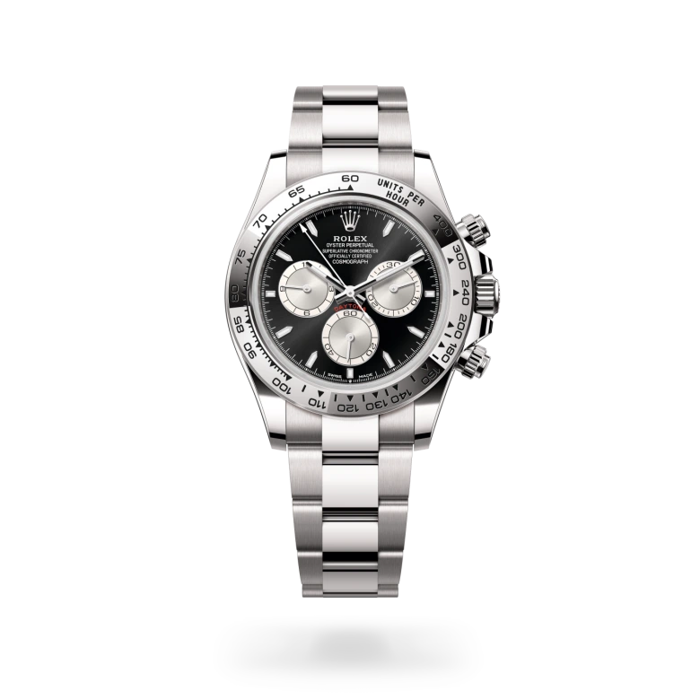 Rolex Cosmograph Daytona in 18 ct white gold with black dial, silver subdials, black Cerachrom tachymeter bezel and Oyster bracelet - Chang Ein Hong