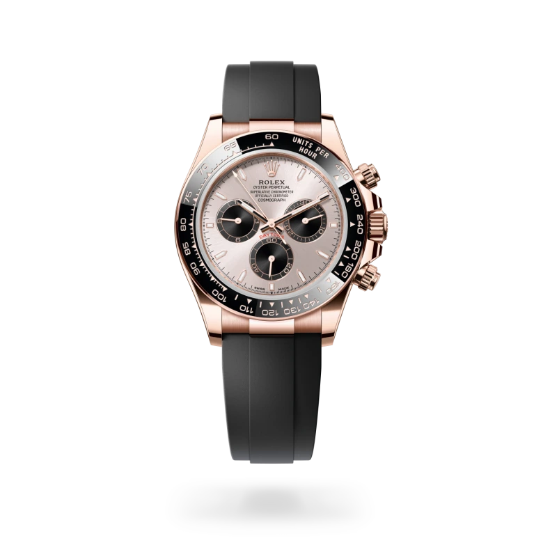 Rolex Cosmograph Daytona in 18 ct Everose gold with sundust dial, black subdials, black Cerachrom tachymeter bezel and Oysterflex bracelet - Chang Ein Hong