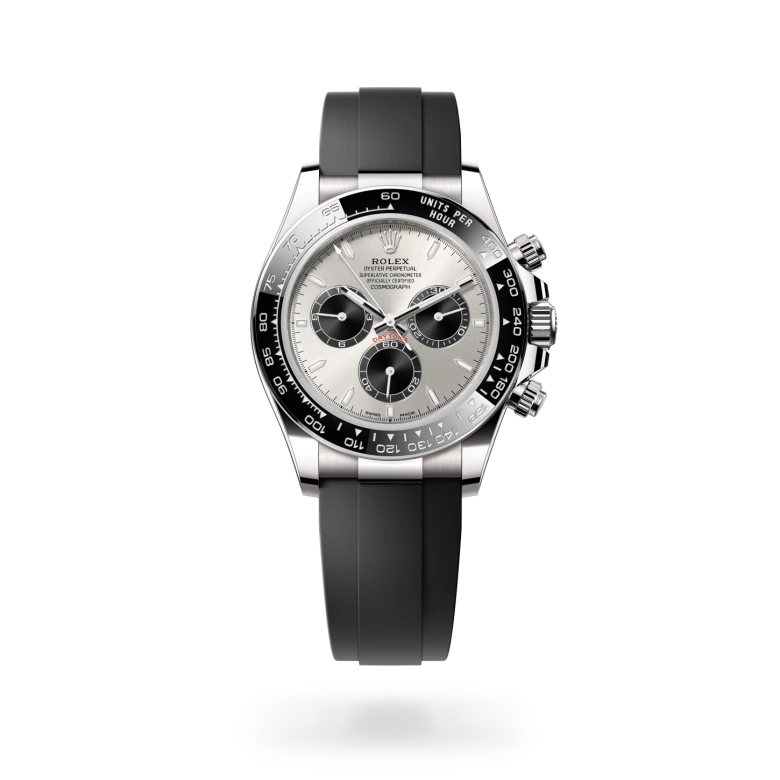 Rolex Cosmograph Daytona in 18ct white gold with black Cerachrom tachymetric bezel, steel and black chronograph dial with three counters, and black Oysterflex bracelet. - Chang Ein Hong