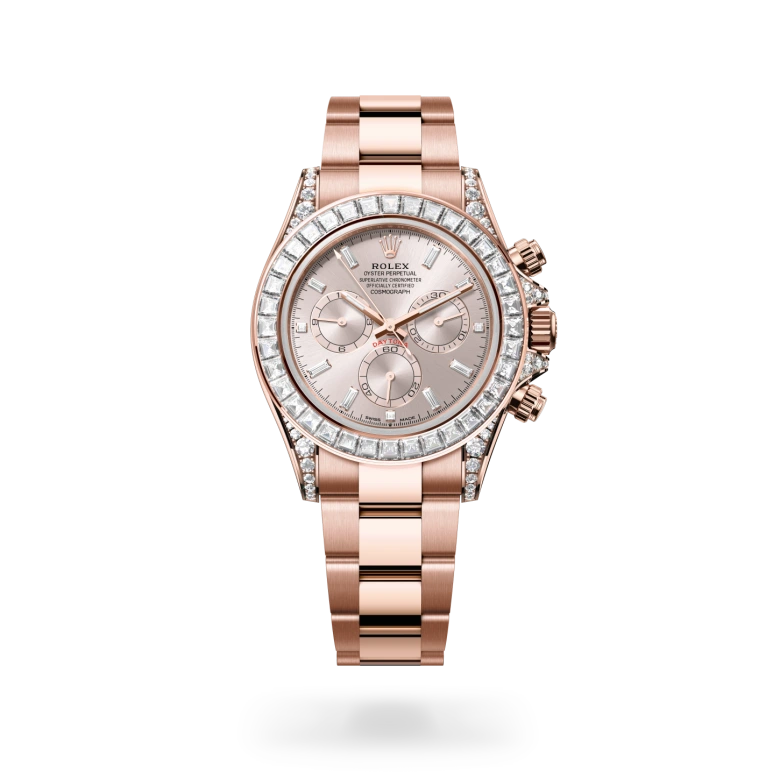 Rolex Cosmograph Daytona in 18ct Everose gold with trapeze-cut diamond bezel, sundust diamond-set chronograph dial with baguette hour markers, and Oyster bracelet. - Chang Ein Hong