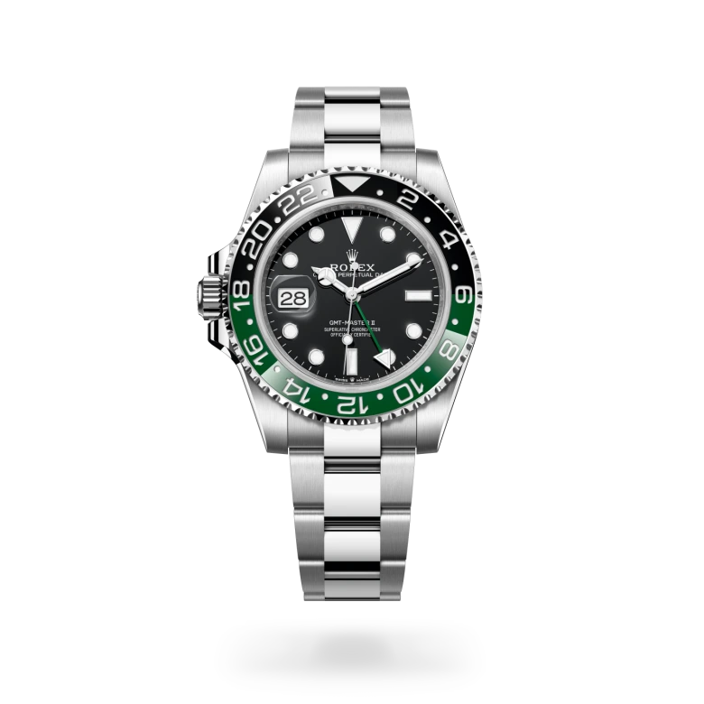Rolex GMT-Master II in Oystersteel with black dial, left-handed crown, bidirectional rotatable black and green Cerachrom bezel and Oyster bracelet - Chang Ein Hong