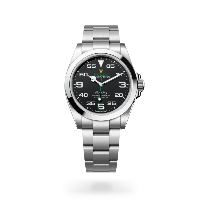 Rolex Air-King in Oystersteel with black dial, Arabic numeral hour markers, green Rolex signature and Oyster bracelet - Chang Ein Hong