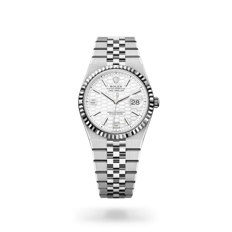 Rolex Land-Dweller in white Rolesor with white honeycomb motif dial, Arabic numeral hour markers, fluted white gold bezel and Jubilee bracelet - Chang Ein Hong