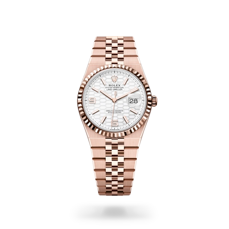 Rolex Land-Dweller in 18 ct Everose gold with white honeycomb motif dial, Arabic numeral hour markers, fluted Everose gold bezel and Jubilee bracelet - Chang Ein Hong