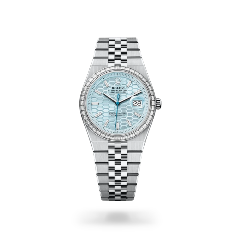 Rolex Land-Dweller in platinum with ice blue honeycomb motif dial, diamond hour markers, baguette diamond-set bezel and Jubilee bracelet - Chang Ein Hong