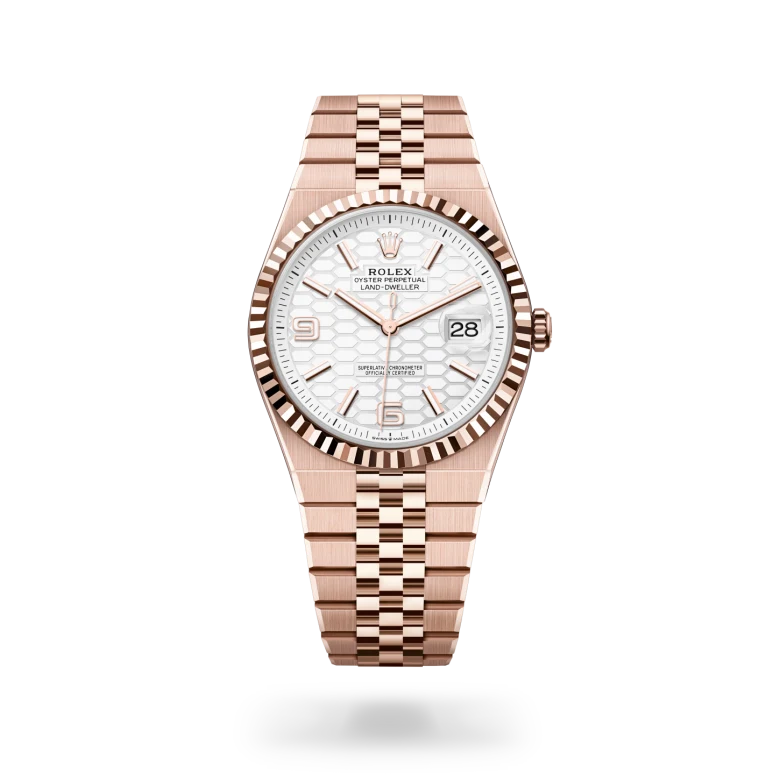 Rolex Land-Dweller in 18 ct Everose gold with white honeycomb motif dial, index hour markers, fluted Everose gold bezel and Jubilee bracelet - Chang Ein Hong