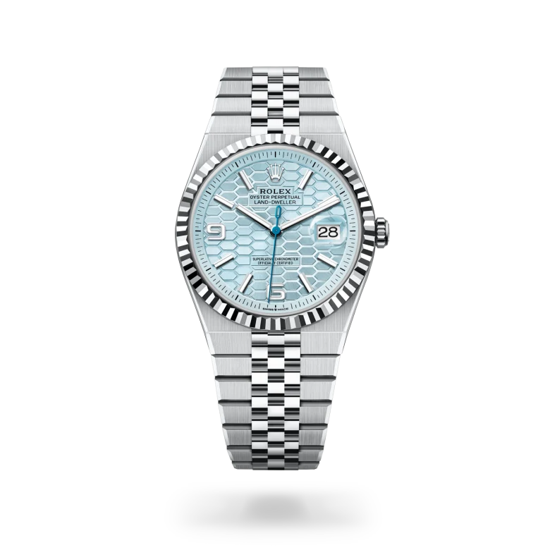 Rolex Land-Dweller in platinum with ice blue honeycomb motif dial, Arabic numeral hour markers, fluted platinum bezel and Jubilee bracelet - Chang Ein Hong