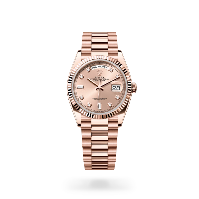 Rolex Day-Date 36 in 18 ct Everose gold with rose dial, mixed diamond hour markers, fluted Everose gold bezel and President bracelet - Chang Ein Hong