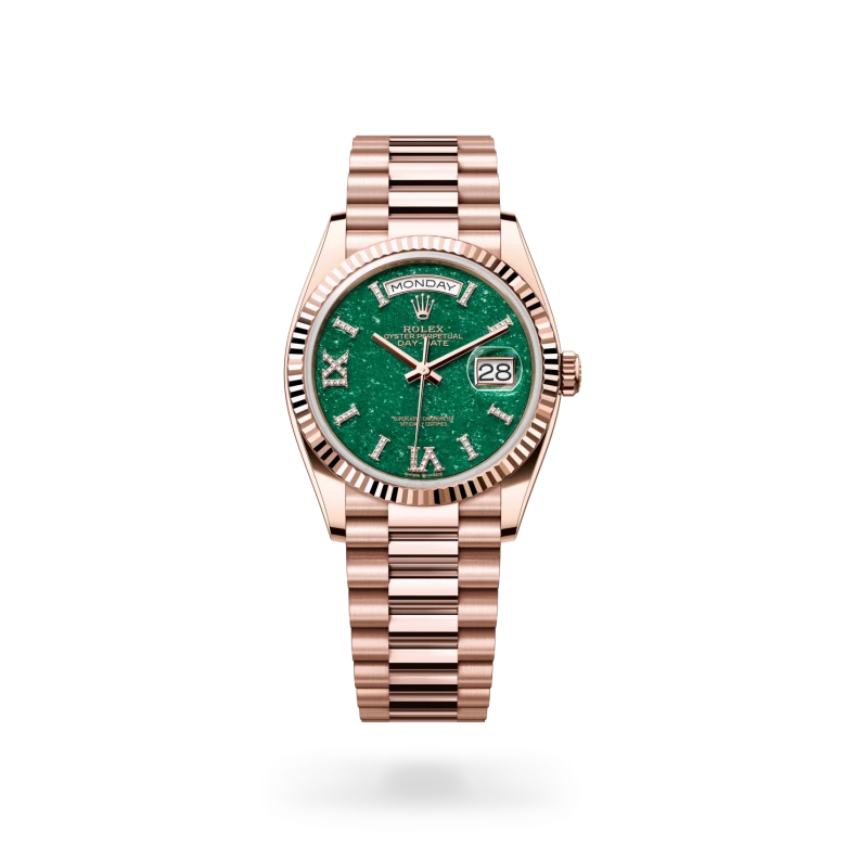 Rolex Day-Date 36 in 18ct Everose gold with fluted bezel, green aventurine dial with diamond-set Roman numeral markers, day and date displays, and President bracelet. - Chang Ein Hong
