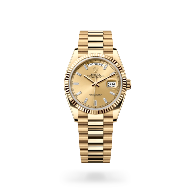 Rolex Day-Date 36 in 18ct yellow gold with fluted bezel, champagne-colour sunray dial set with 10 baguette-cut diamonds, day and date displays, and President bracelet. - Chang Ein Hong