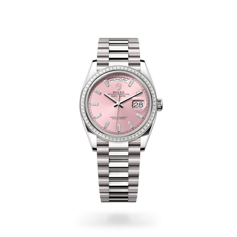 Rolex Day-Date 36 in 18 ct white gold with pink dial, baguette diamond hour markers, baguette diamond-set bezel and President bracelet - Chang Ein Hong
